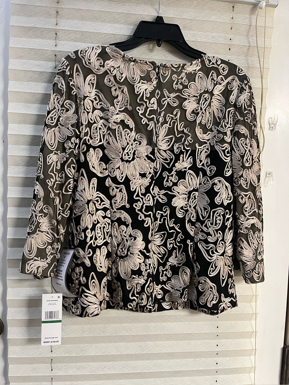 Alex Evenings Black Top with Cream Floral Embroidery